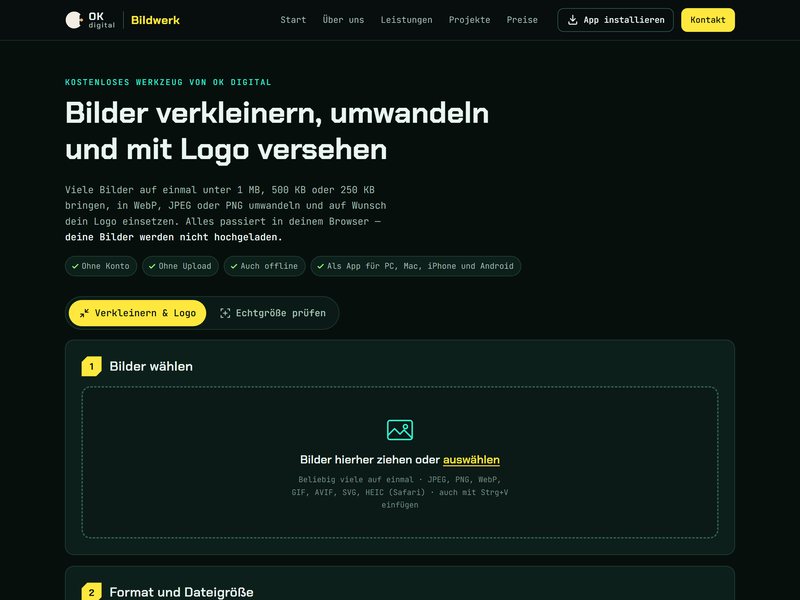 Bildwerk von OK Digital: Bilder verkleinern, umwandeln und mit Logo versehen, direkt im Browser